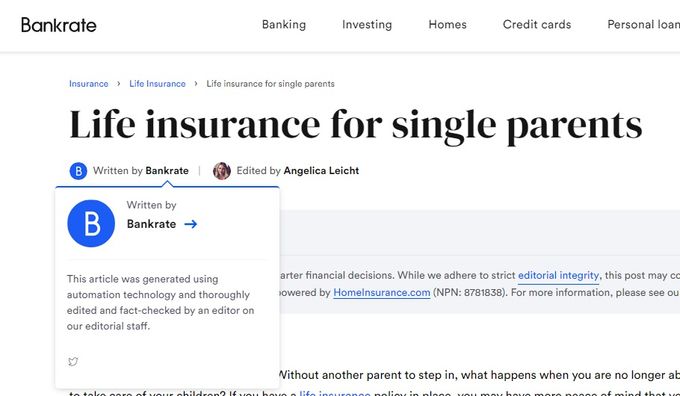 Screenshot from a Bankrate web article showing their policy in utilizing AI for content generation
