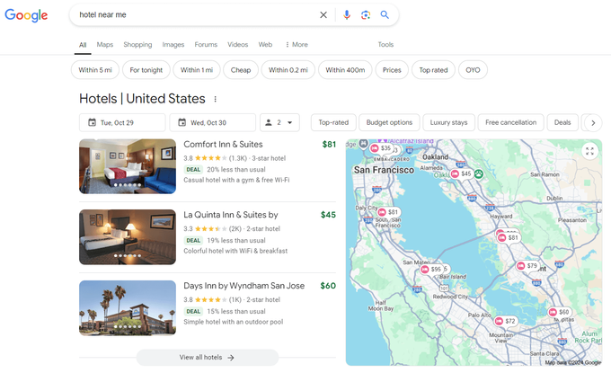 Screenshot of SERP showing local businesses using SEO and SEM