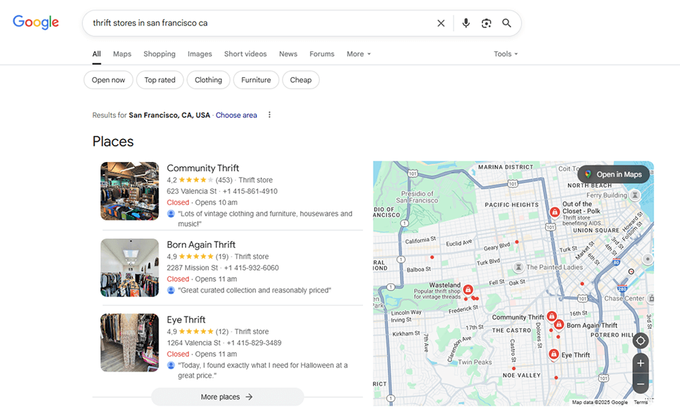 Screenshot of local pack within Google SERP