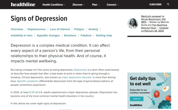 Screenshot of a content page from Healthline