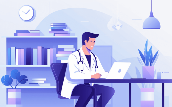Graphic of a doctor sitting at a desk in front of a laptop computer