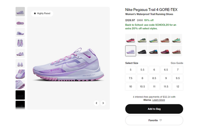 Screenshot of Nike's helpful product page
