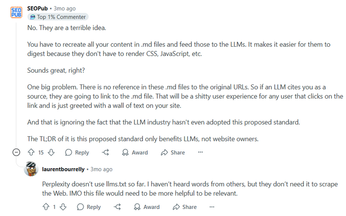 Screenshot from a Reddit thread about whether websites find llms.txt files helpful