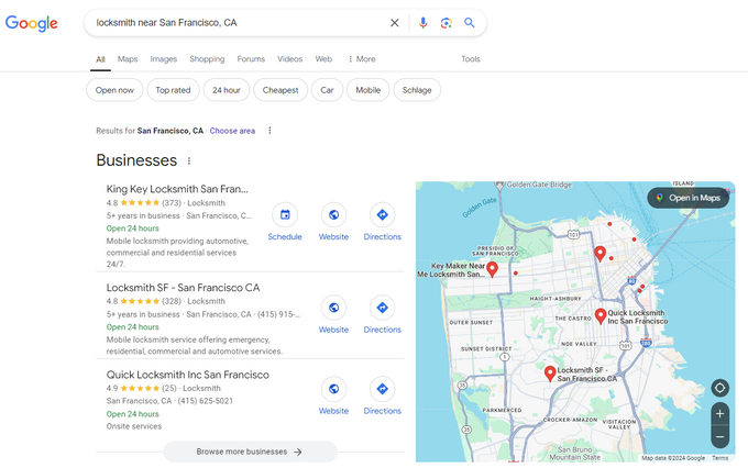 Screenshot of SERP showing businesses in the emergency service industry using local SEO and SEM