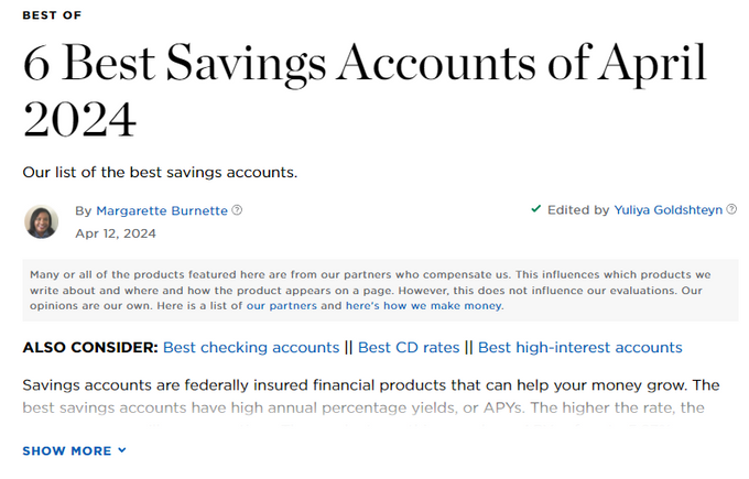 Screenshot of NerdWallet's article on the best savings accounts of April 2024