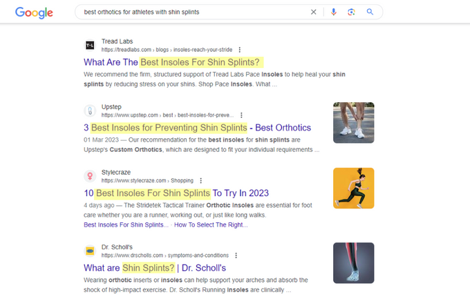 Screenshot of a Google search for the best orthotics for athletes with shin splints