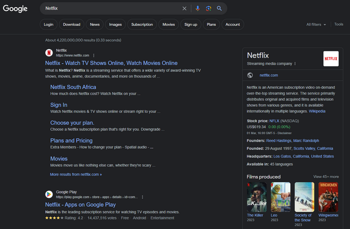 Screenshot of SERP when searching for "Netflix" to display search query with navigational intent