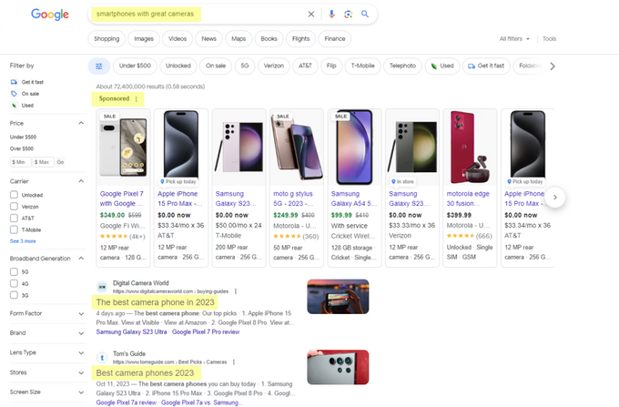 Google's search results for smartphone with great cameras