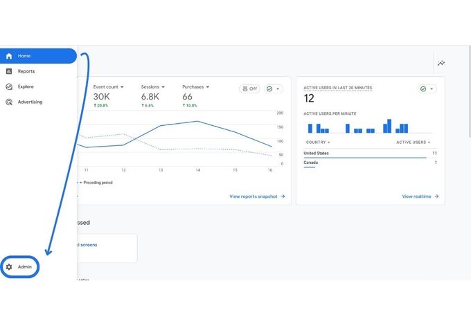 A screenshot of GA4 showing how to navigate to Admin in GA4