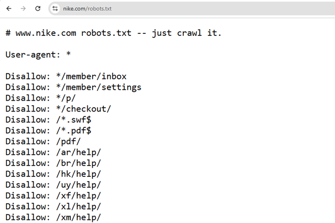 Screenshot of a section of Nike.com's robots.txt file