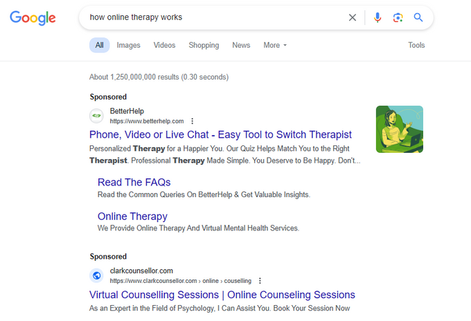Screenshot of a google search for information about online therapy