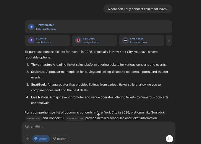ChatGPT search for concert tickets query.
