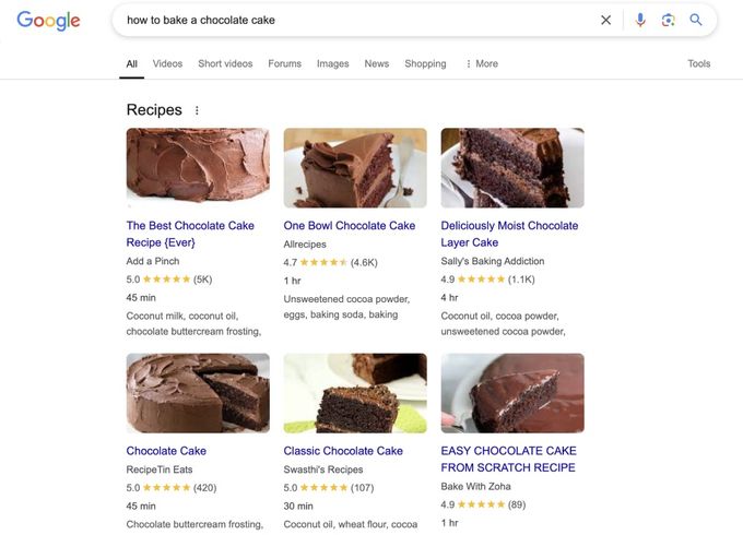 A google search for a chocolate cake.