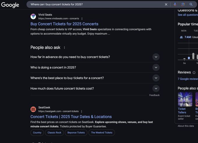 A Google SERP for concert tickets.