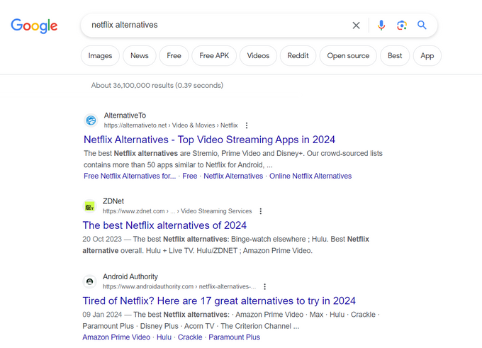 Example of SERP for search query containing "alternatives"