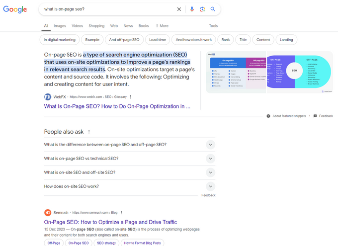 Screenshot of organic search results for "what is on-page SEO"