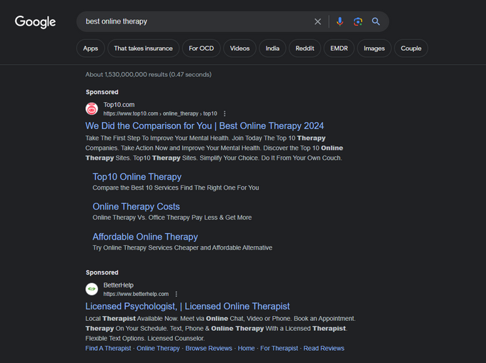 Screenshot of SERP when searching for "best online therapy" to display search query with commercial intent