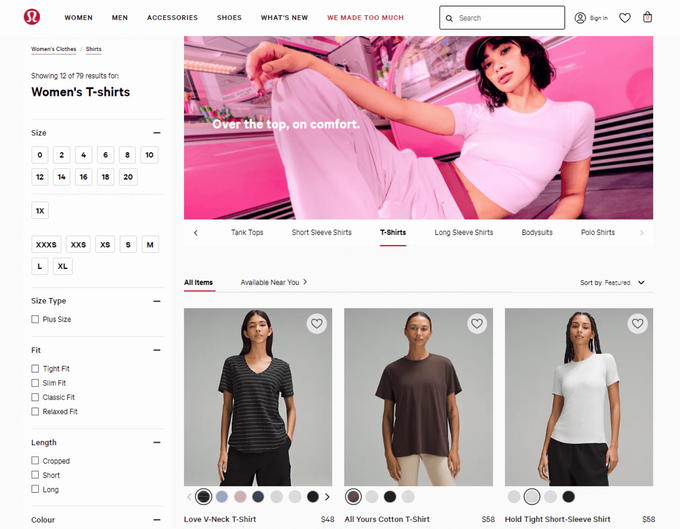 Screenshot of a category page from Lululemon