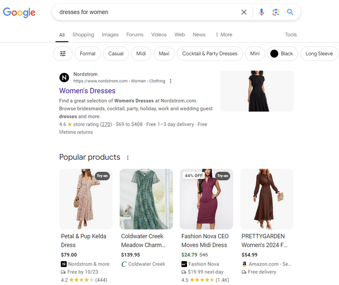 Screenshot of SERP showing businesses using SEM in the fashion industry