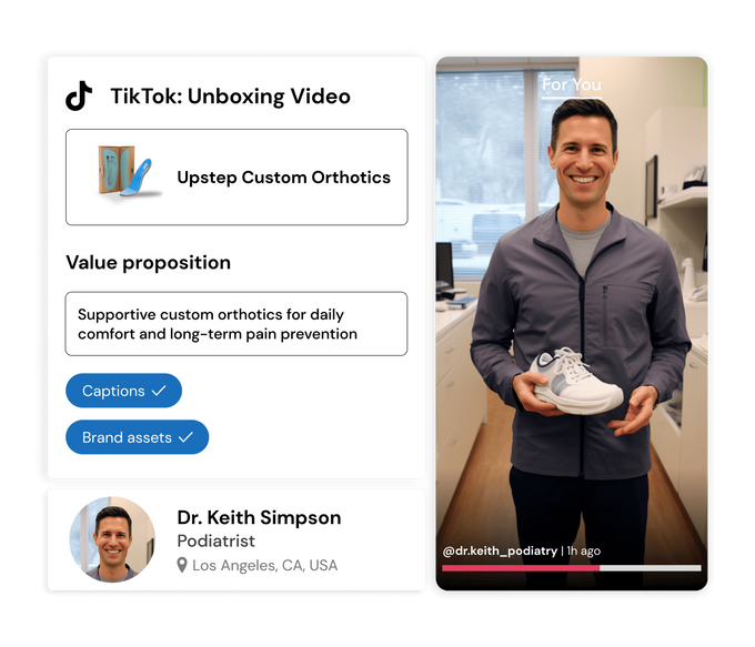 A mock-up of a mobile TikTok video interface showcasing a medical expert holding a pair of sneakers, with video brief details and a preview of the expert's profile visible next to it.