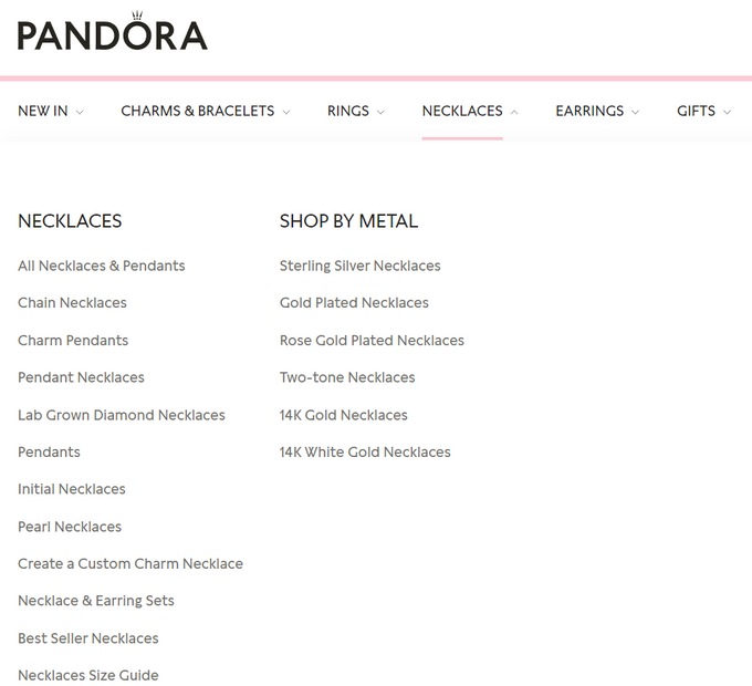 Categories for necklaces on Pandora's website