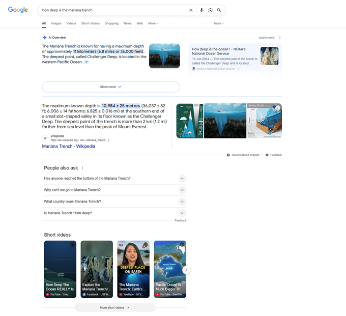 Screenshot of a zero-click search that contains multiple SERP features
