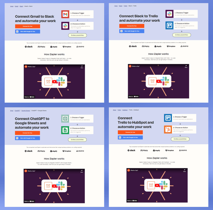 Screenshots of pages Zapier created for different product integrations using programmatic SEO