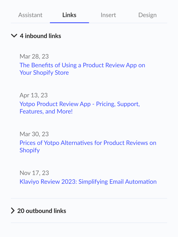 A screenshot containing a number of inbound and outbound links to a blog post, automated via Entail AI's headless CMS.