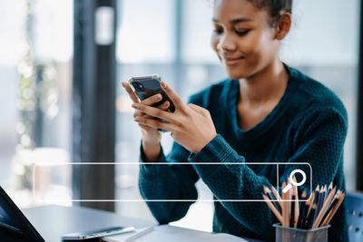Woman Searching Browsing Internet Data Information Networking Concept with blank search