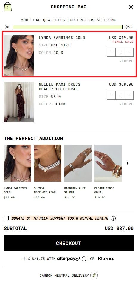 Screen shot of how Princess Polly adds a recommended product to a shopping cart