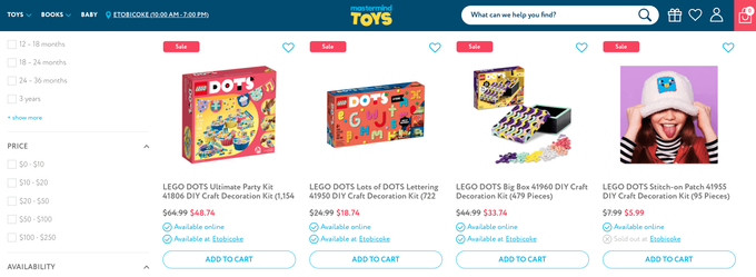 a screenshot of the toys section of the Mastermind Toys website