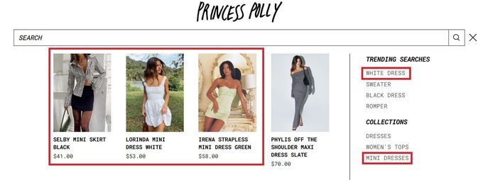 Shopify Instant Search_Princess Polly example 2_Personalization_no border