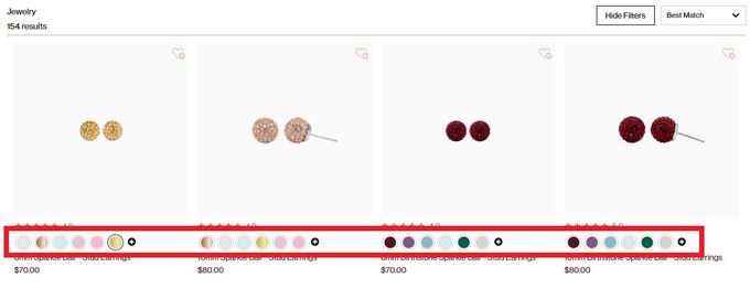 Screen shot of Hillberg & Berk's jewelry product page with a red box highlighting their use of color swatches to indicate product variants