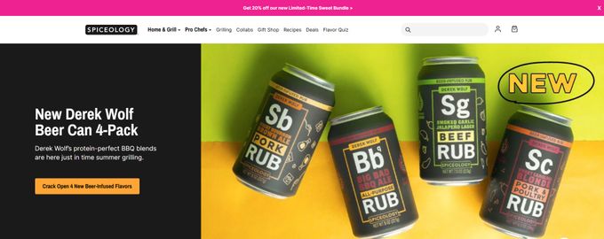 Screenshot of Spiceology's homepage showcasing a new range of beer-infused BBQ spoce rubs
