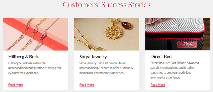 Screen shot of Fast Simon's customers' success stories page on their website