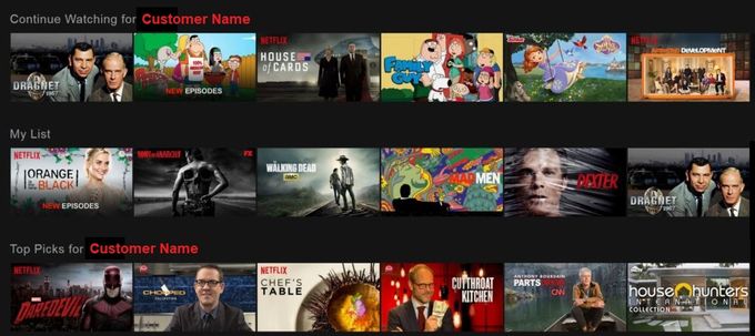 Screenshot of personalized product recommendations on a customer's Netflix account