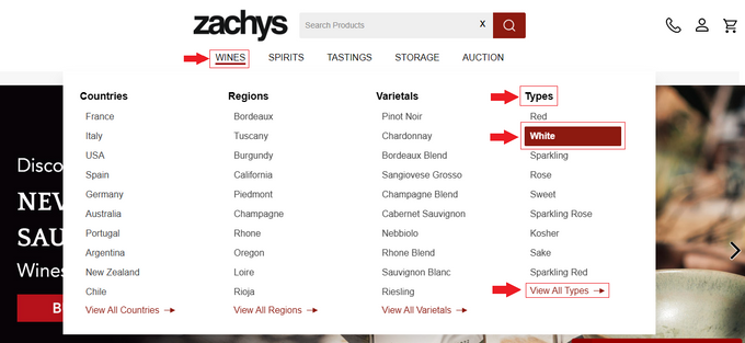 a red and black web page with a wine list