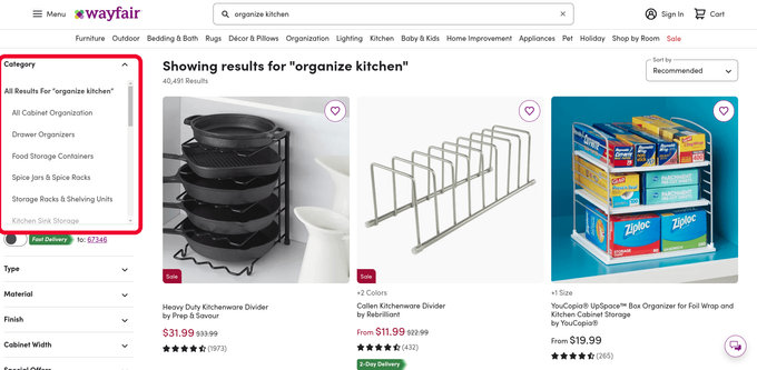 a screenshot of Wayfair's product search engine
