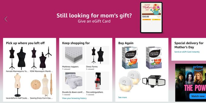 Screenshot of Amazon's homepage when it's personalized for a returning customer
