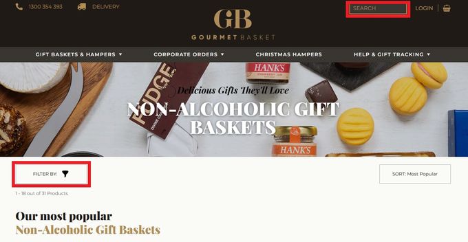 Screenshot of Gourmet Basket online WooCommerce store using an advanced search feature