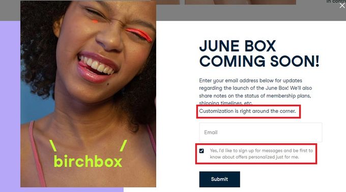 Screenshot of Birchbox's signup form that promotes personalized content
