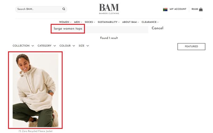 Screenshot of Bamboo Clothing online WooCommerce store using an advanced search function