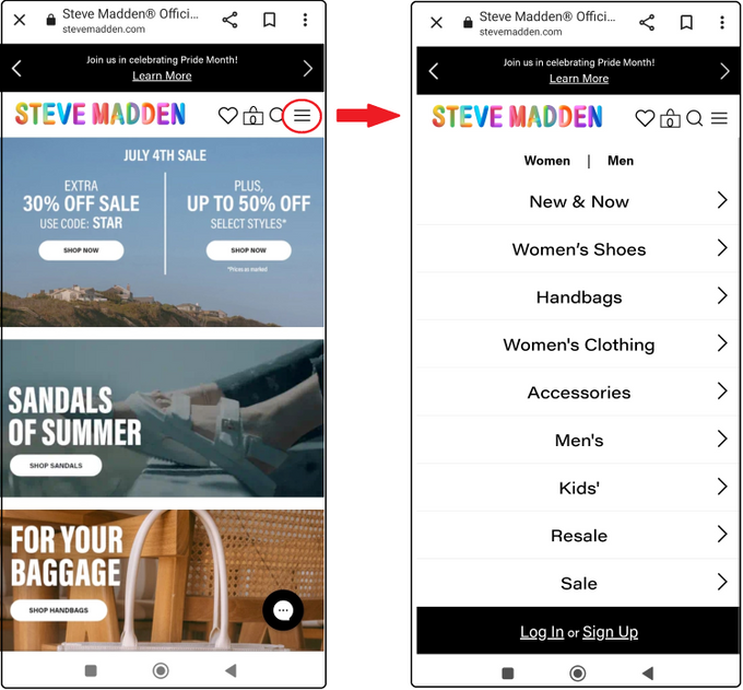 two iphone screens showing Steve Madden web pages