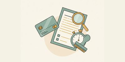 A credit card, application checklist, magnifying glass, stopwatch, and approval stamp representing merchant account underwriting.