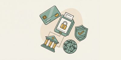 A payment card, gateway terminal with padlock, bank building, security shield and globe, representing how a merchant account and payment gateway work together.