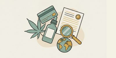 Payment card, CBD oil bottle, application document, magnifying glass, and globe illustrating CBD merchant processing underwriting.