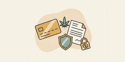 Flat illustration of a payment card, hemp leaf, lab certificate, shield, and padlock representing CBD payment processor selection criteria.