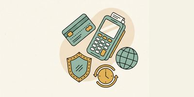 A payment terminal, credit card, security shield, globe, and clock, representing secure and fast global forex payment processing.