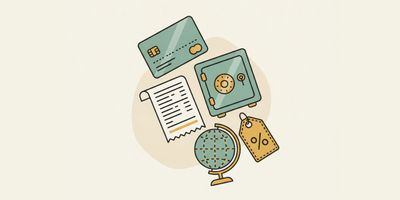 A credit card, statement, safe, globe, and percentage tag, representing high-risk merchant account fees.