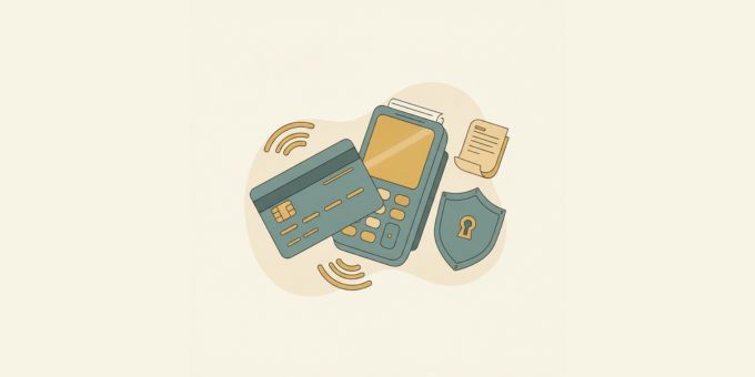 Payment card, terminal, shield, and document representing a CBD merchant account and payment processing.